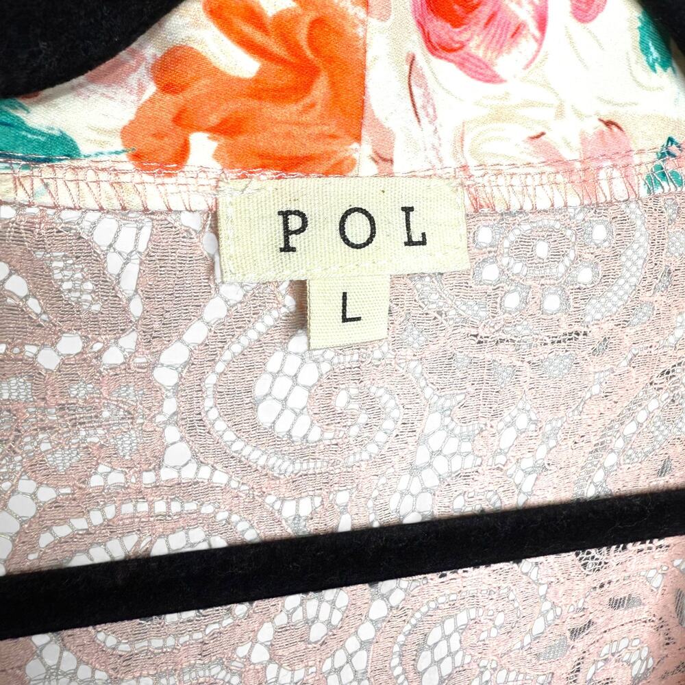 New POL‎ Pink Lace Duster Robe L Floral Trim Boho Coquette Cottagecore Kimono - Picture 5 of 9